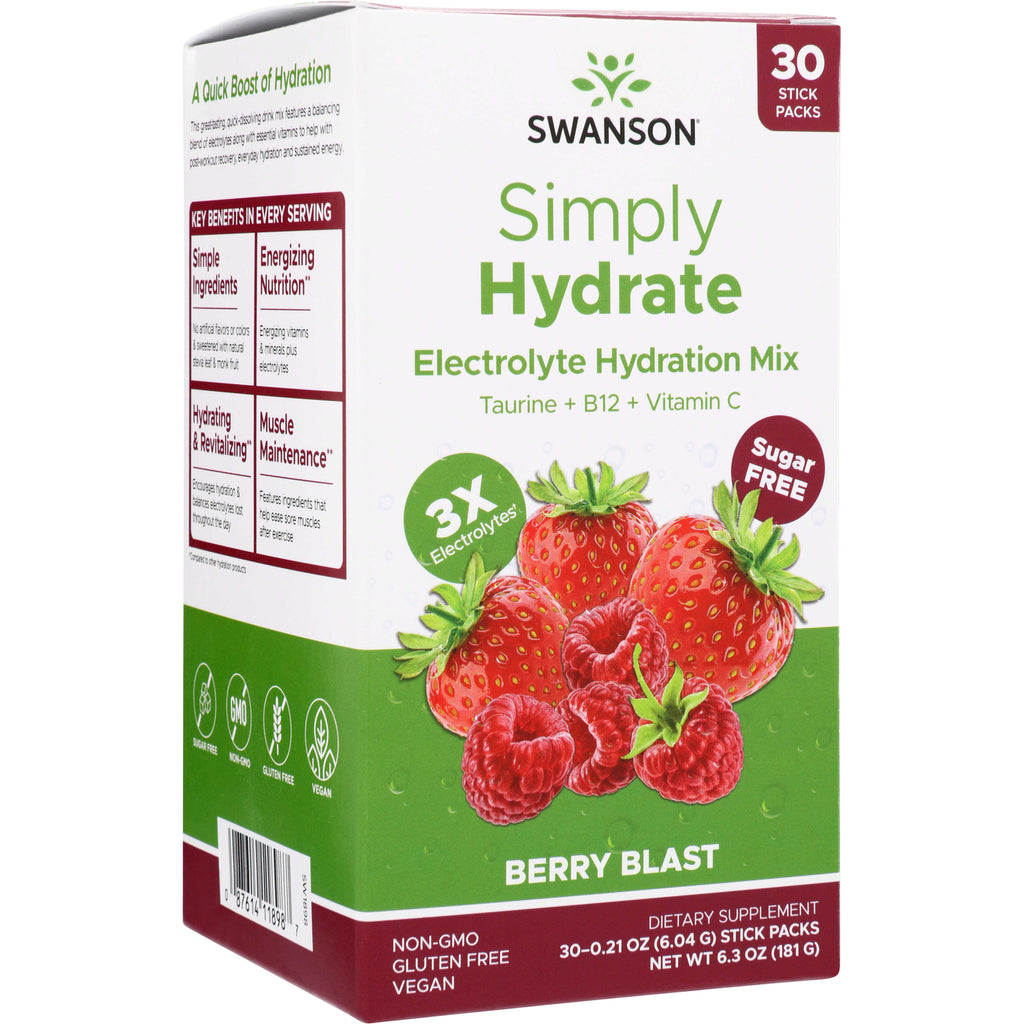 SW1898 | Swanson Simply Hydrate Electrolyte Hydration Mix Berry Blast, 30 stick packs, sugar free, 3X electrolytes - Thumbnail