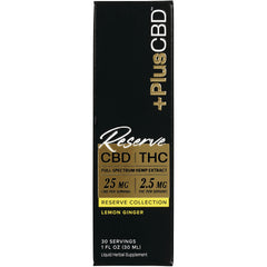 Black vertical box labeled Reserve CBD | THC full spectrum hemp extract, 25 mg CBD per serving, lemon ginger, 30 servings