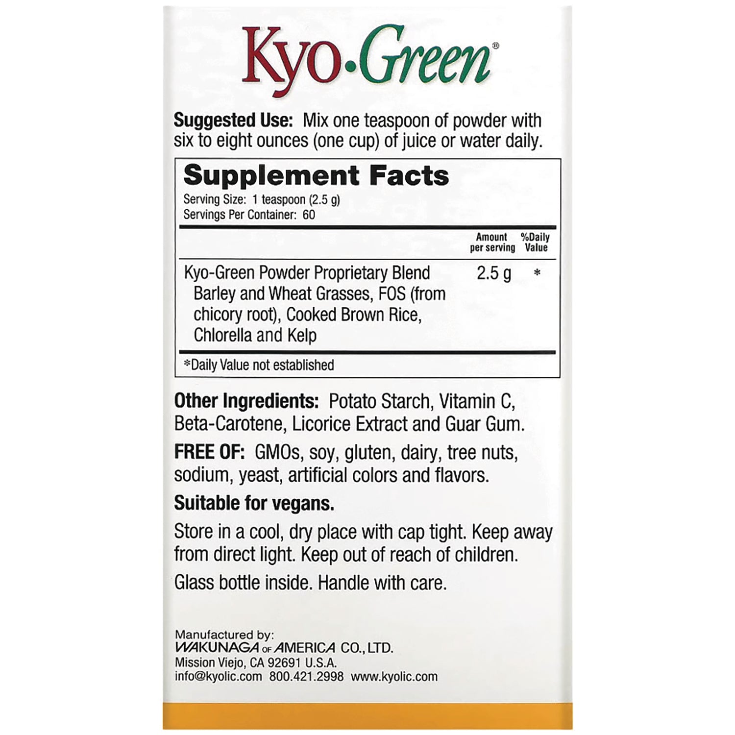KY027 | Back panel showing Supplement Facts, Kyo-Green ingredients and suggested use