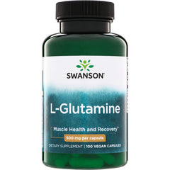 SW826 | Swanson L-Glutamine bottle front, 500 mg per capsule, 100 vegan capsules