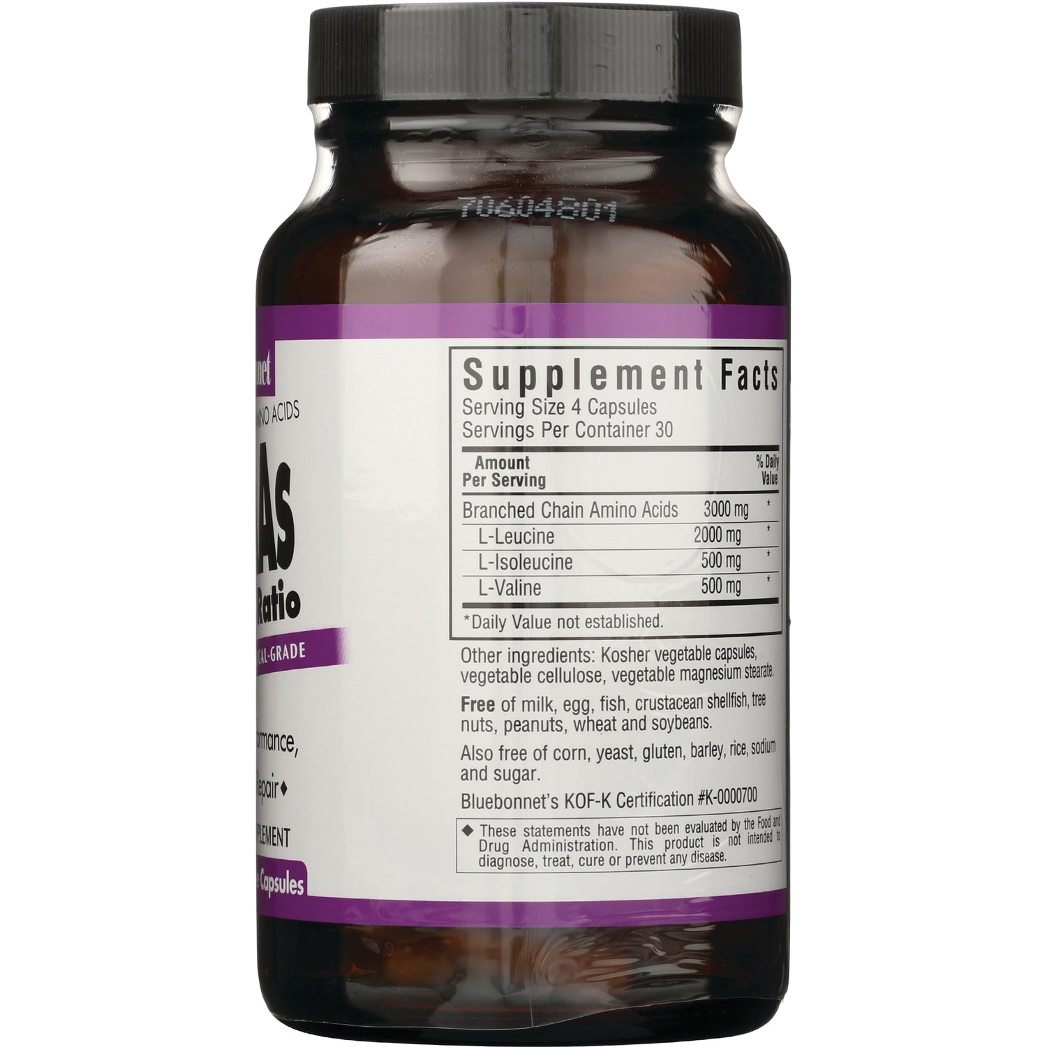 BLU053 | back of brown supplement bottle showing Supplement Facts panel with BCAA amounts and ingredient text