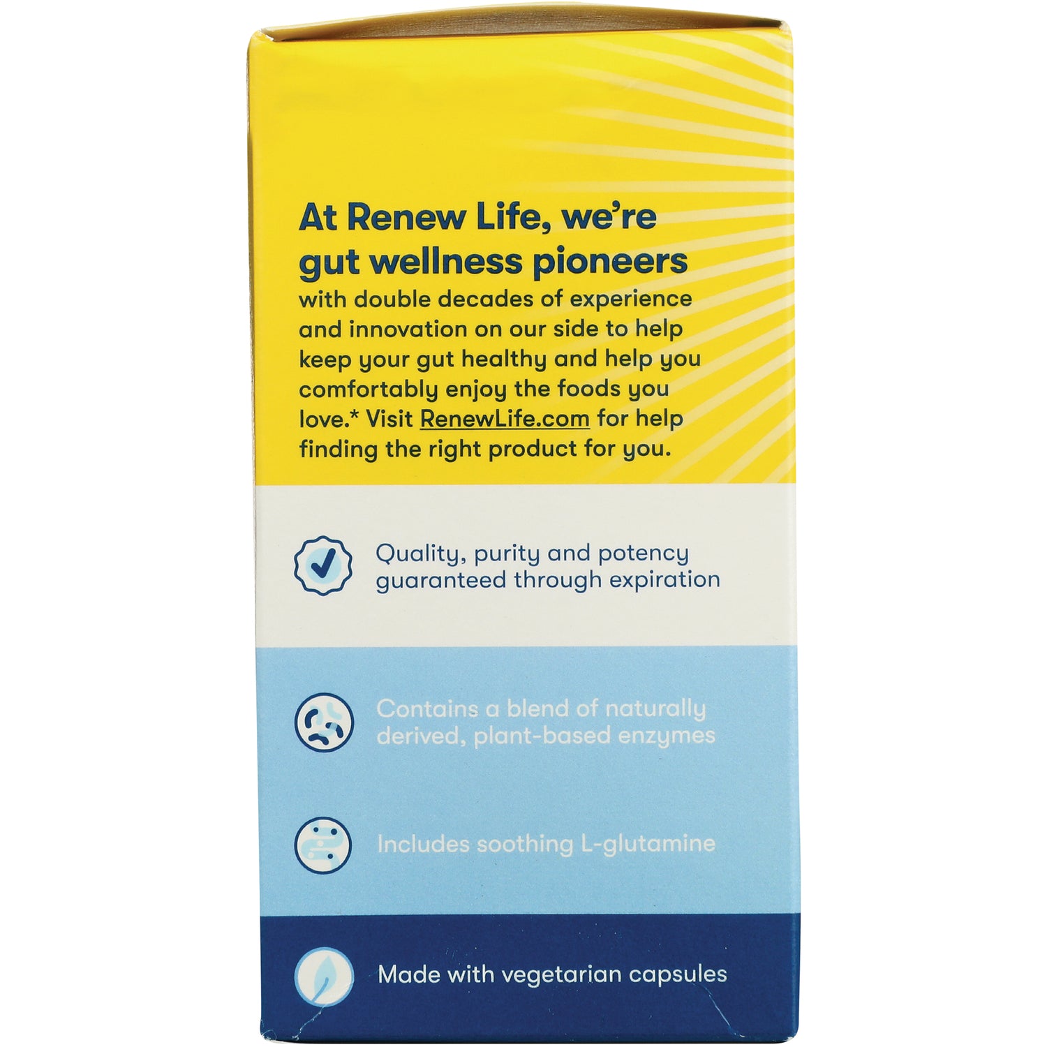 RNL226 | Back of yellow and blue Renew Life supplement box with gut wellness text, icons, and Made with vegetarian capsules note