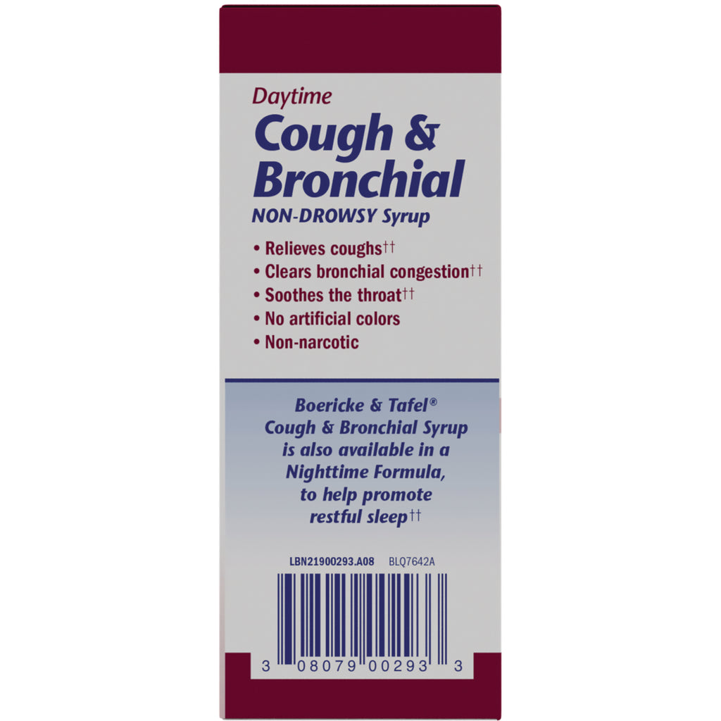 BRK008 | Product infographic for Daytime Cough & Bronchial non-drowsy syrup listing benefits and barcode - Thumbnail
