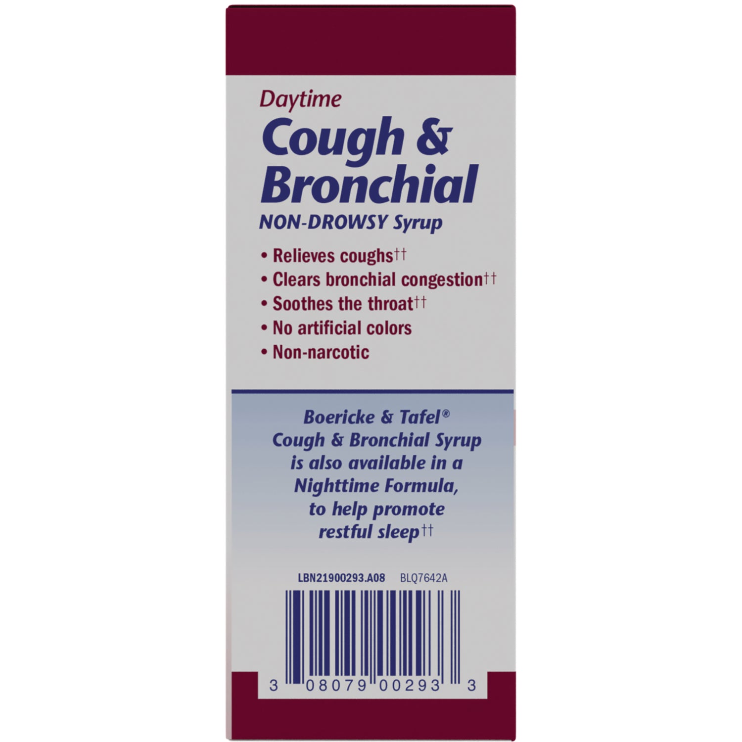BRK008 | Product infographic for Daytime Cough & Bronchial non-drowsy syrup listing benefits and barcode