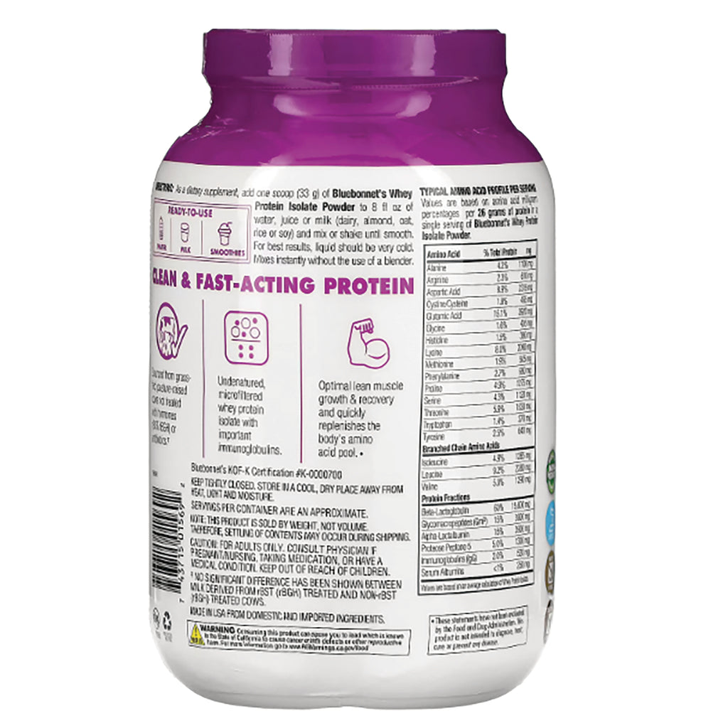 BLU132 | Back label of white protein powder jar with purple lid showing nutrition facts and product information - Thumbnail