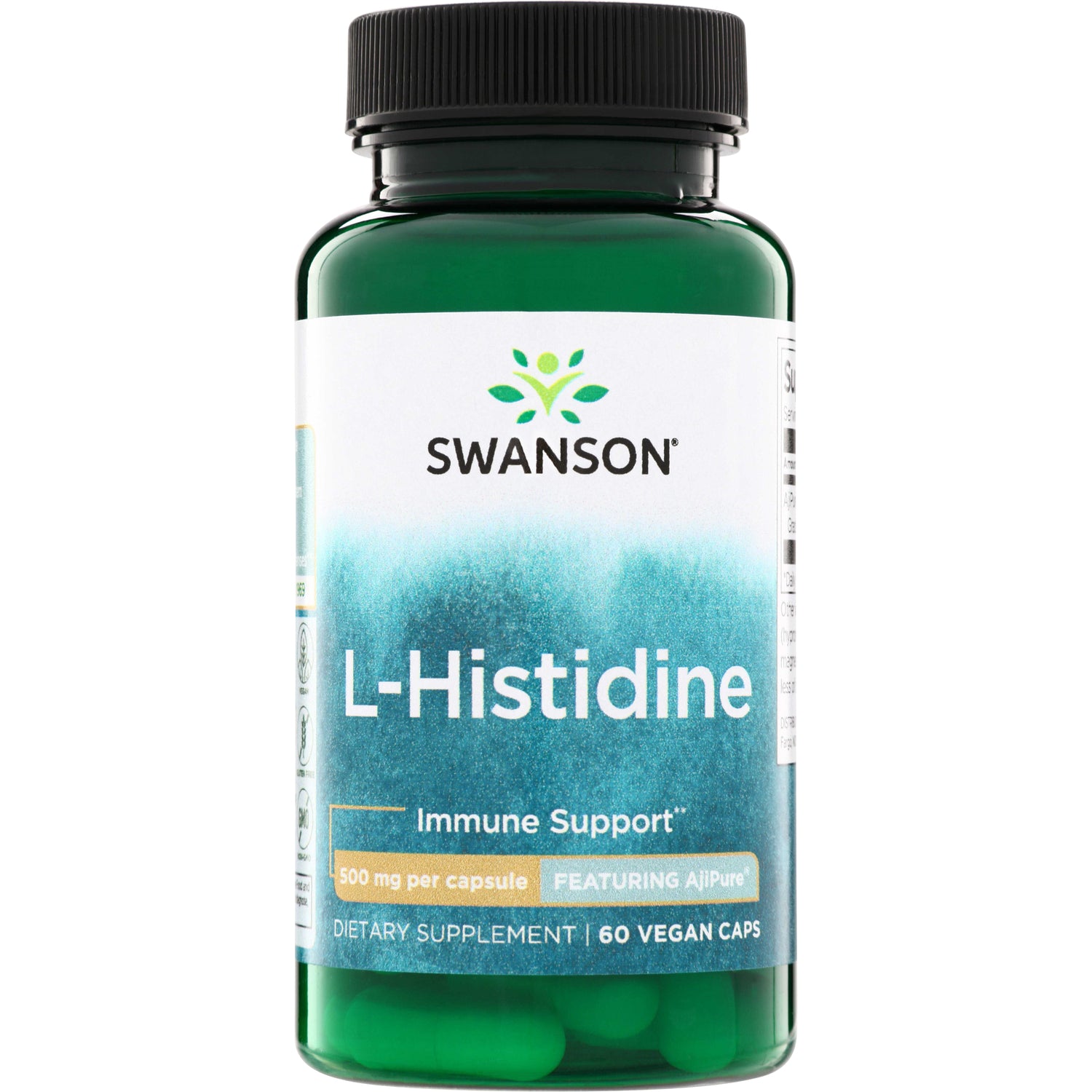 SWU479 | Swanson L-Histidine supplement bottle, Immune Support, 500 mg per capsule, 60 vegan caps