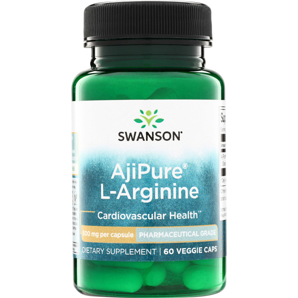 SWU454 | Swanson AjiPure L-Arginine 500 mg per capsule, 60 veggie caps bottle, front label, pharmaceutical grade - Thumbnail