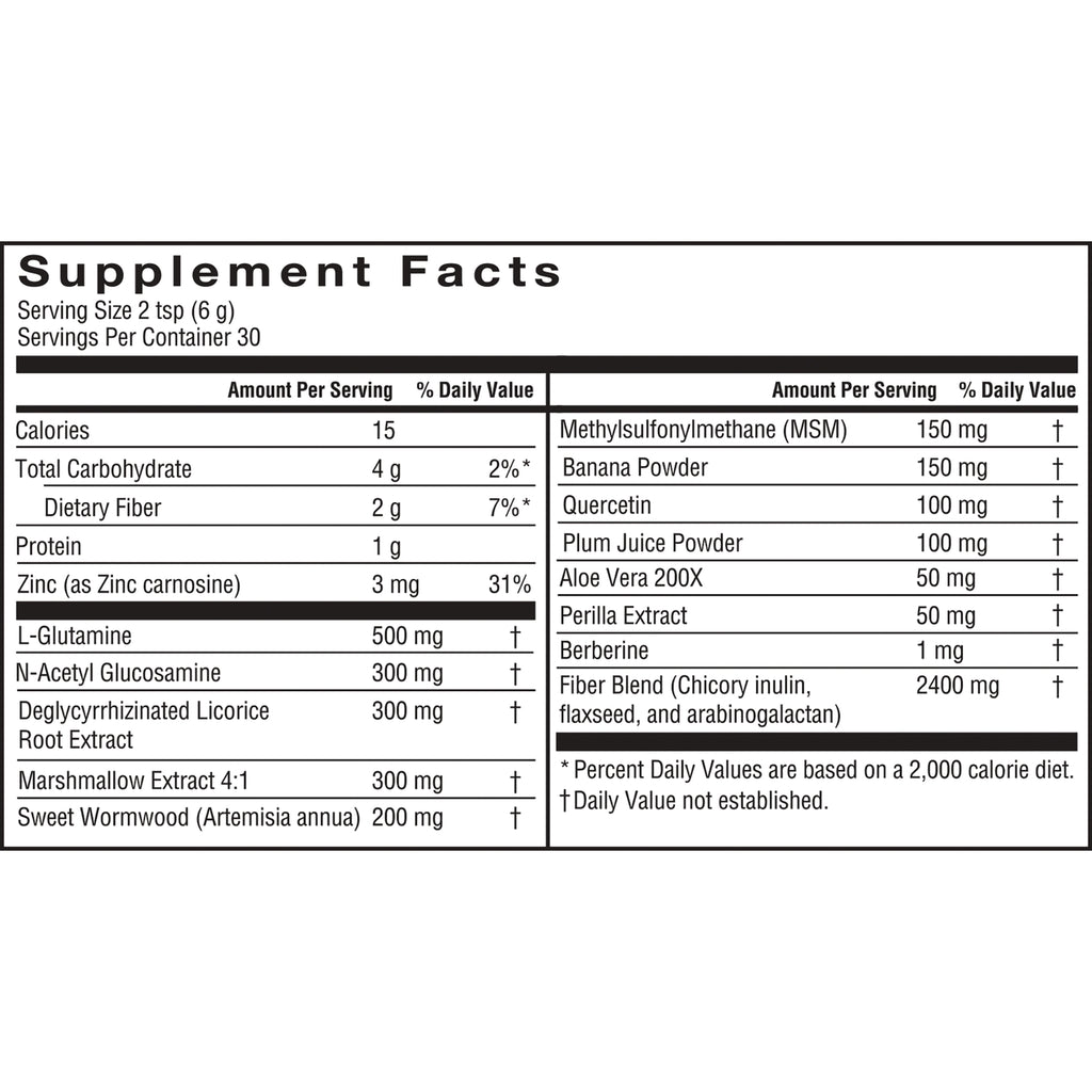 BAR114 | Supplement Facts label showing serving size 2 tsp, ingredients and amounts (e.g., L-Glutamine 500 mg; Fiber Blend 2400 mg) - Thumbnail