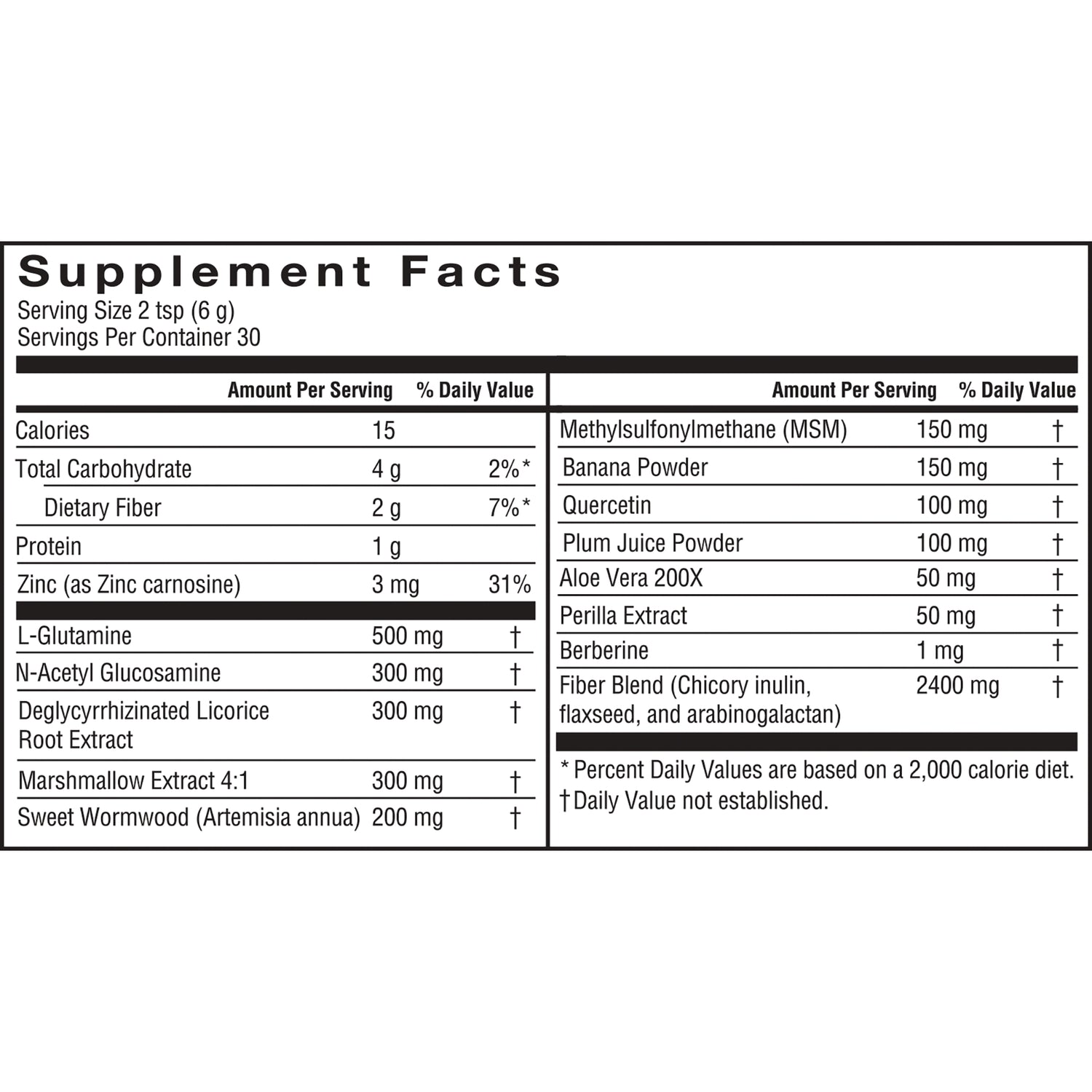 BAR114 | Supplement Facts label showing serving size 2 tsp, ingredients and amounts (e.g., L-Glutamine 500 mg; Fiber Blend 2400 mg)