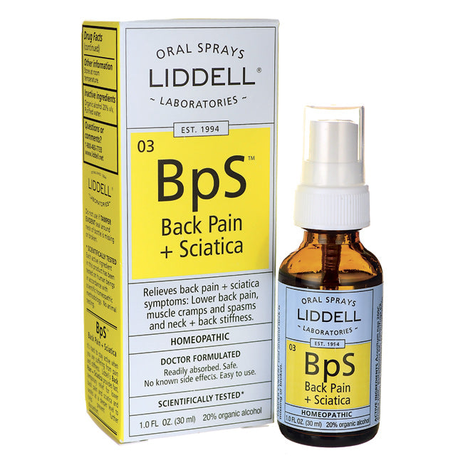 LID013 | Liddell BpS Back Pain + Sciatica oral spray bottle and box with yellow label