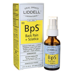 LID013 | Liddell BpS Back Pain + Sciatica oral spray bottle and box with yellow label