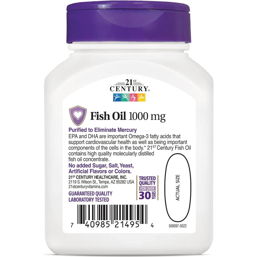 CNT116 | 21st Century Fish Oil 1000 mg bottle label showing product details, benefits, barcode and actual size oval - Thumbnail