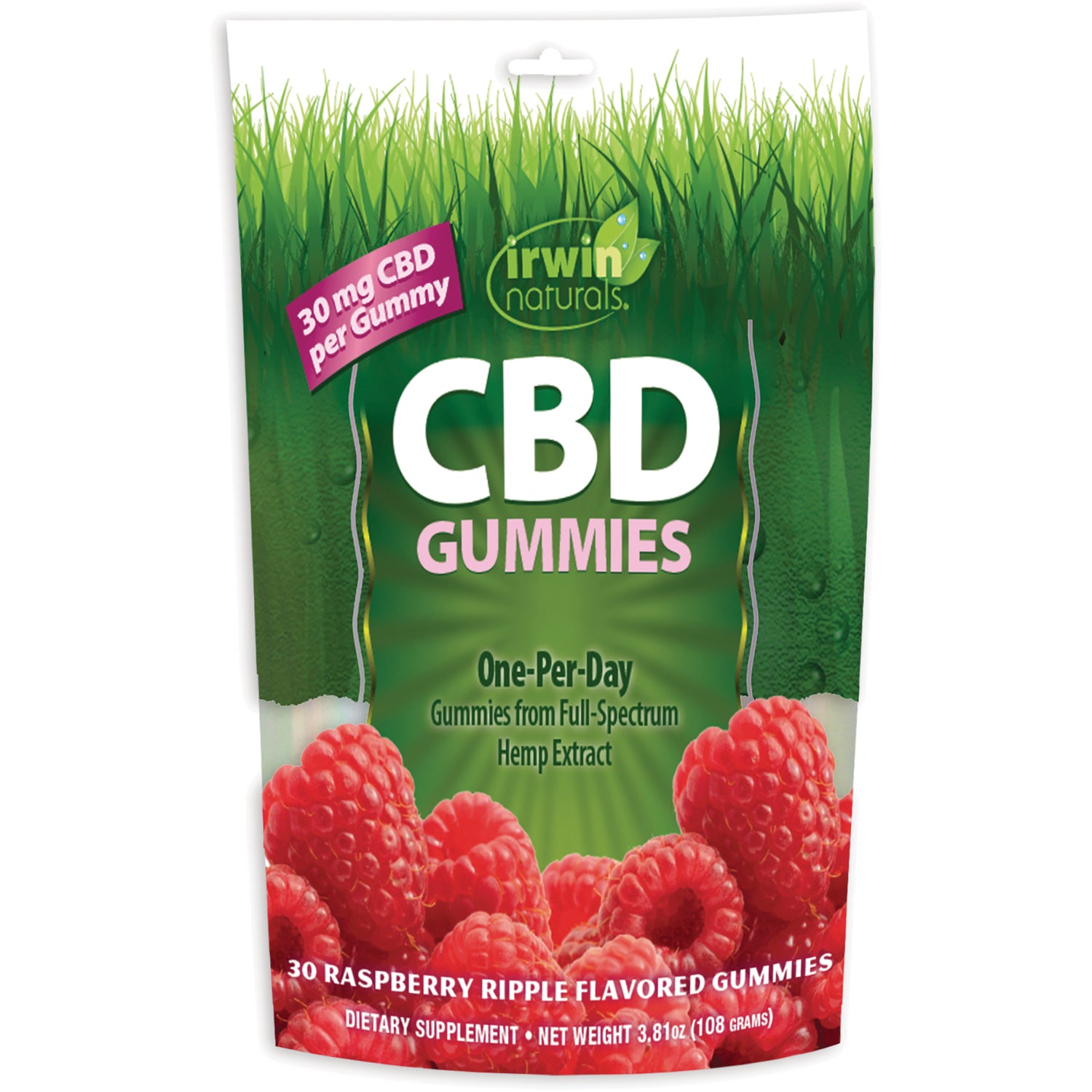 IR261 | Irwin Naturals CBD Gummies front pouch, raspberry ripple flavor, One-Per-Day, 30 mg CBD per gummy, 30 count