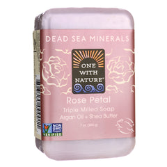 Pink Rose Petal triple milled soap bar labeled ONE WITH NATURE, Dead Sea Minerals, Argan Oil + Shea Butter