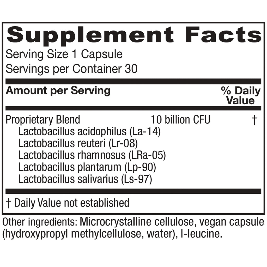 VNA018 | Supplement Facts panel: Serving Size 1 Capsule; 30 servings; Proprietary Blend 10 billion CFU; ingredient list - Thumbnail