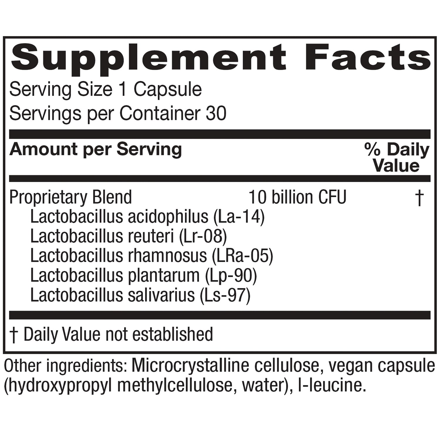 VNA018 | Supplement Facts panel: Serving Size 1 Capsule; 30 servings; Proprietary Blend 10 billion CFU; ingredient list