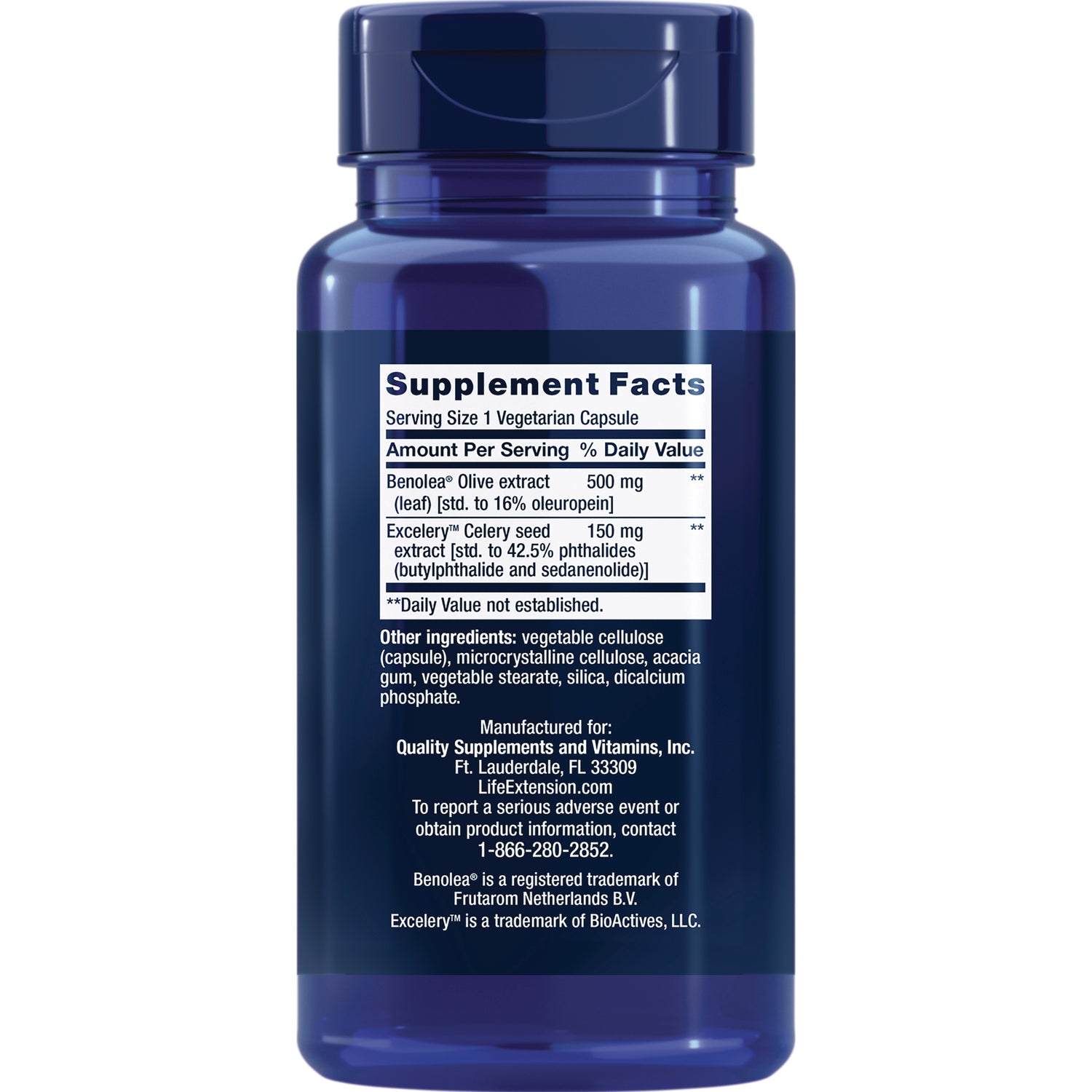 LE319 | Back of blue supplement bottle showing Supplement Facts panel, ingredient list, and manufacturer information
