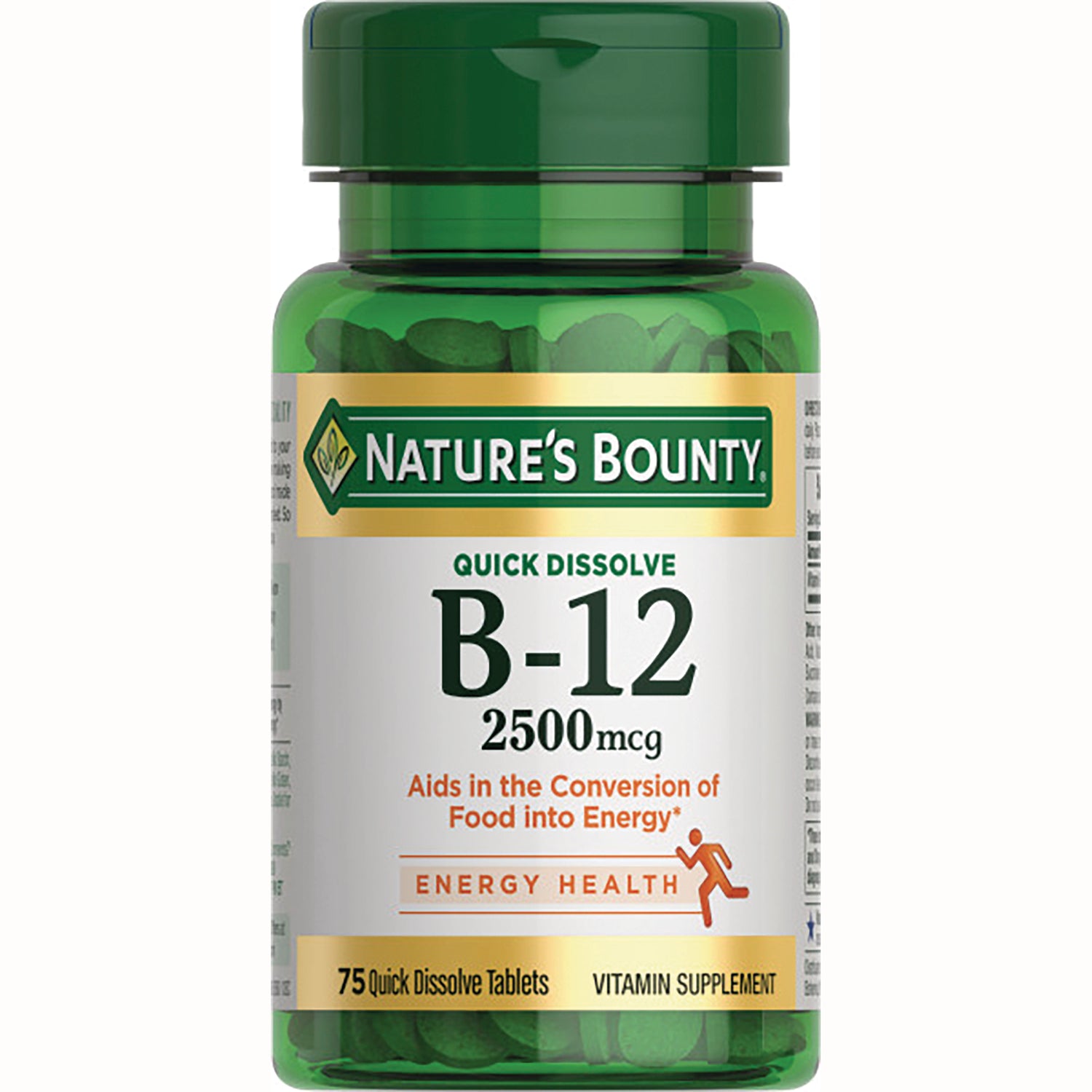 NBY066 | Nature's Bounty B-12 2500 mcg quick dissolve tablet bottle, 75 tablets, Energy Health label