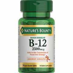 NBY066 | Nature's Bounty B-12 2500 mcg quick dissolve tablet bottle, 75 tablets, Energy Health label