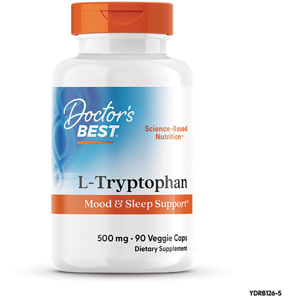 DB085 | Doctor's Best L-Tryptophan bottle, mood and sleep support, 500 mg 90 veggie caps front view - Thumbnail