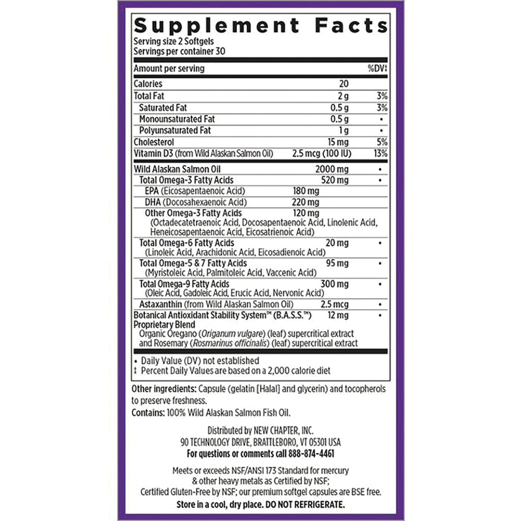 NWC110 | Supplement Facts panel for salmon oil softgels showing serving size 2 softgels, EPA 180 mg, DHA 220 mg - Thumbnail