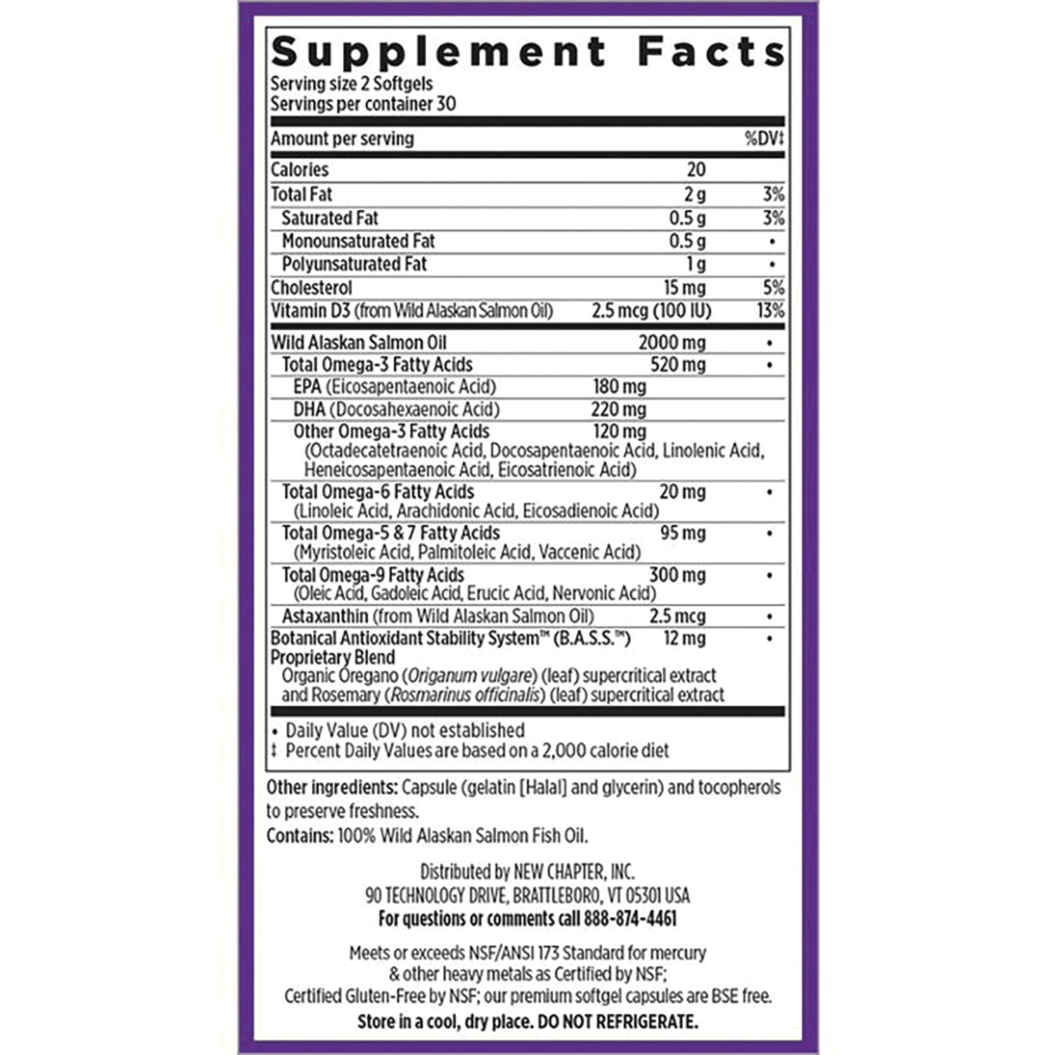 NWC110 | Supplement Facts panel for salmon oil softgels showing serving size 2 softgels, EPA 180 mg, DHA 220 mg