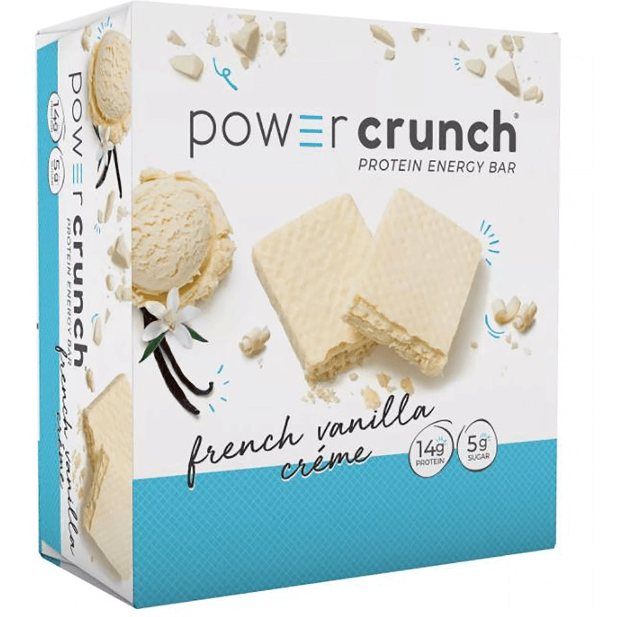 BNR002 | Power Crunch protein energy bar box showing French vanilla crme wafer bars and vanilla scoop