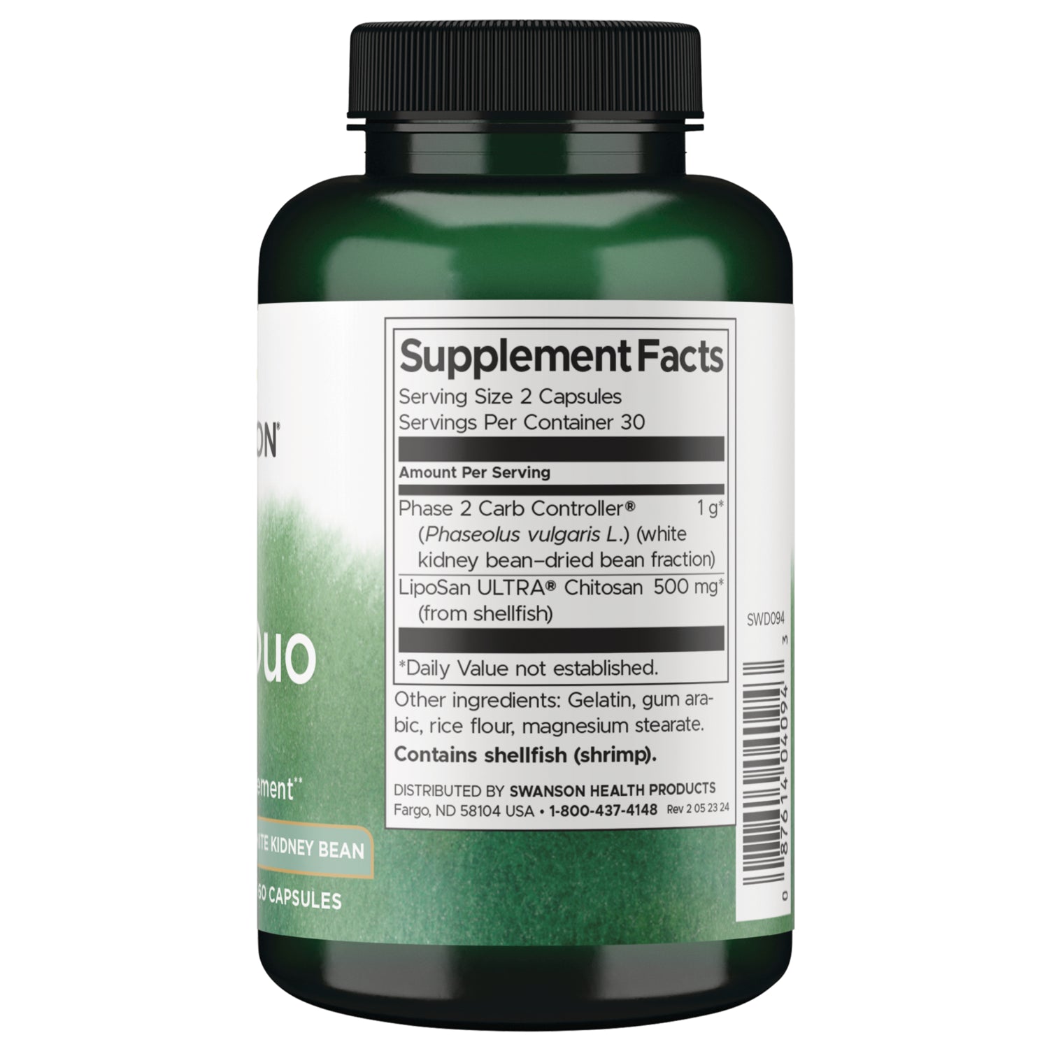 SWD094 | Back label with Supplement Facts, serving size 2 capsules, ingredients, and shellfish warning