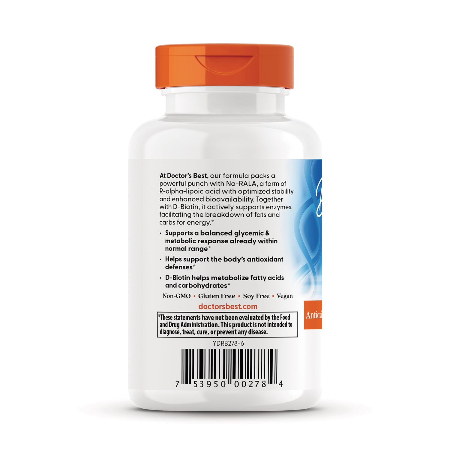 Back label of white supplement bottle with orange cap showing Doctor's Best product claims, ingredient text and barcode