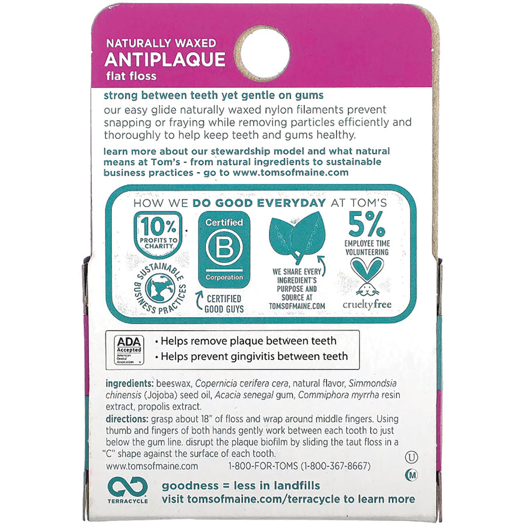 TSM014 | Back of Tom's of Maine Naturally Waxed Antiplaque flat floss box with ingredients, ADA Accepted, and eco icons - Thumbnail