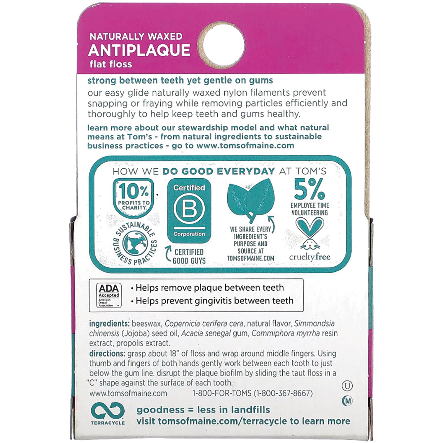 TSM014 | Back of Tom's of Maine Naturally Waxed Antiplaque flat floss box with ingredients, ADA Accepted, and eco icons
