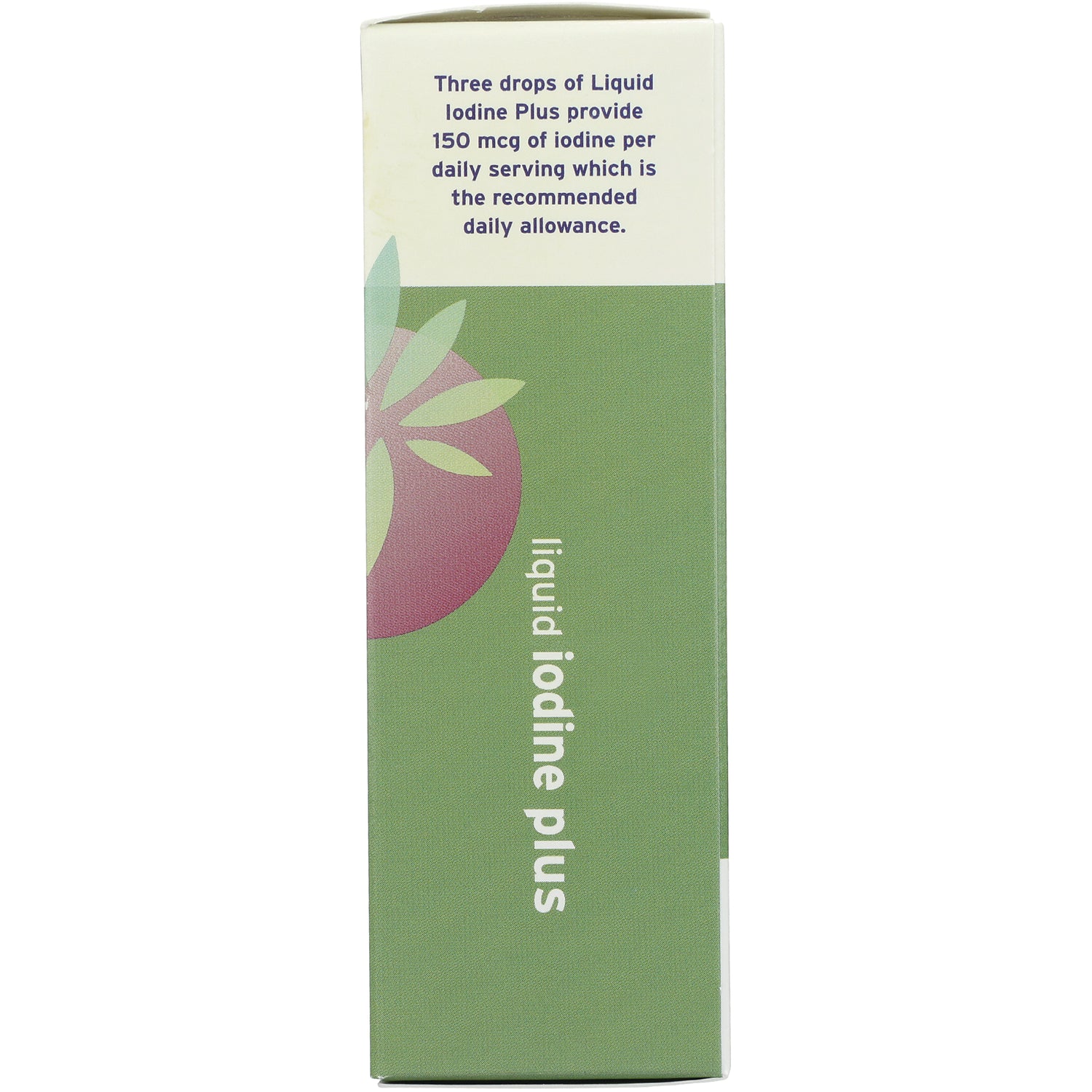 LFH023 | back panel of green Liquid Iodine Plus box stating three drops provide 150 mcg of iodine per daily serving