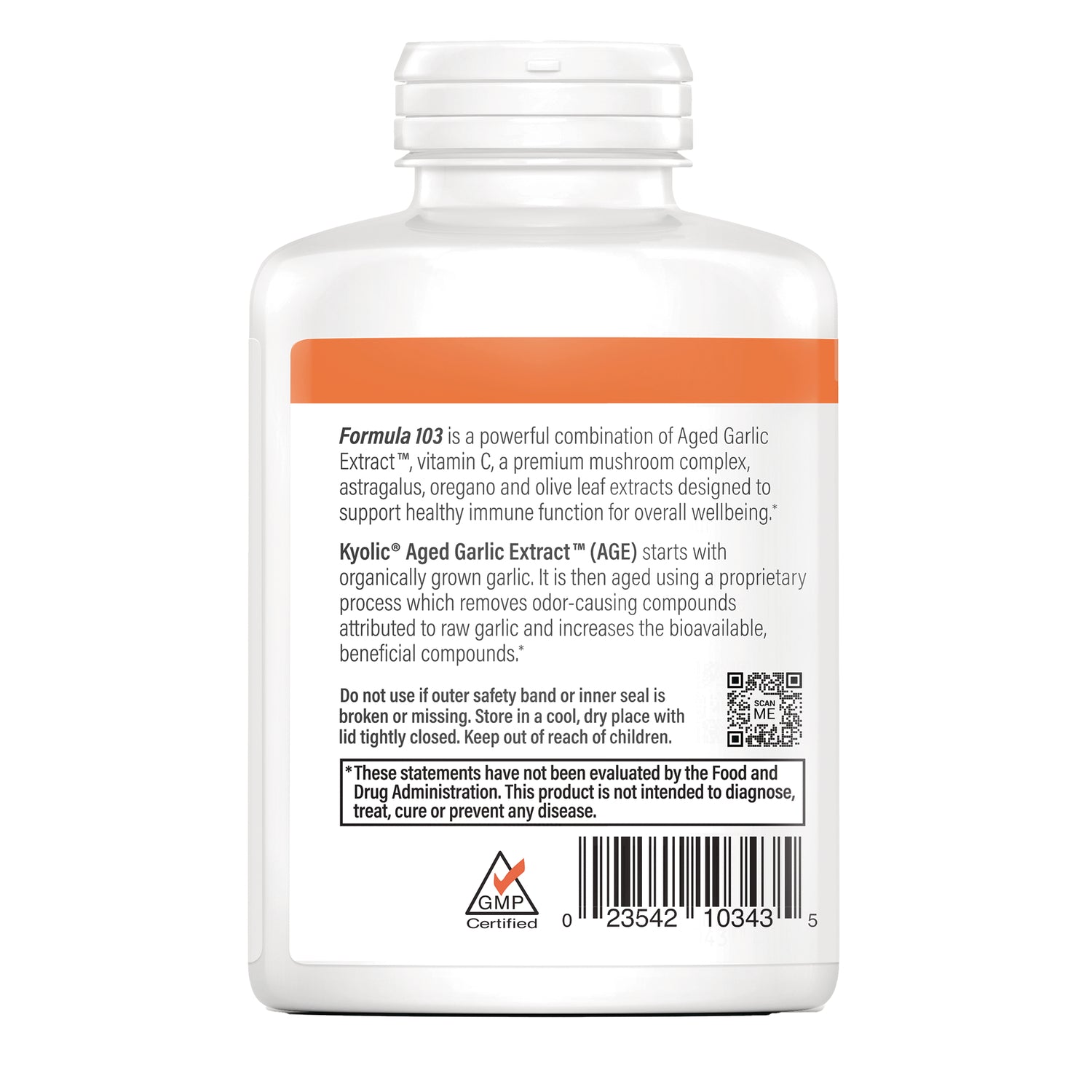 KY148 | Back label of white supplement bottle showing Formula 103 description, usage warnings, QR code and barcode