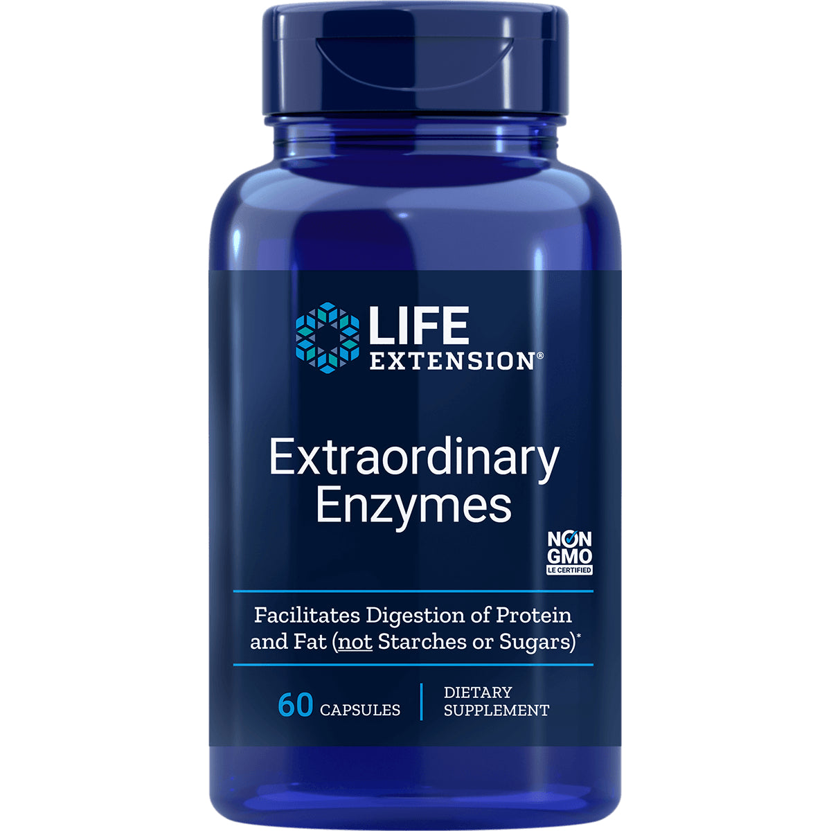 LE247 | Blue Life Extension bottle labeled Extraordinary Enzymes dietary supplement 60 capsules