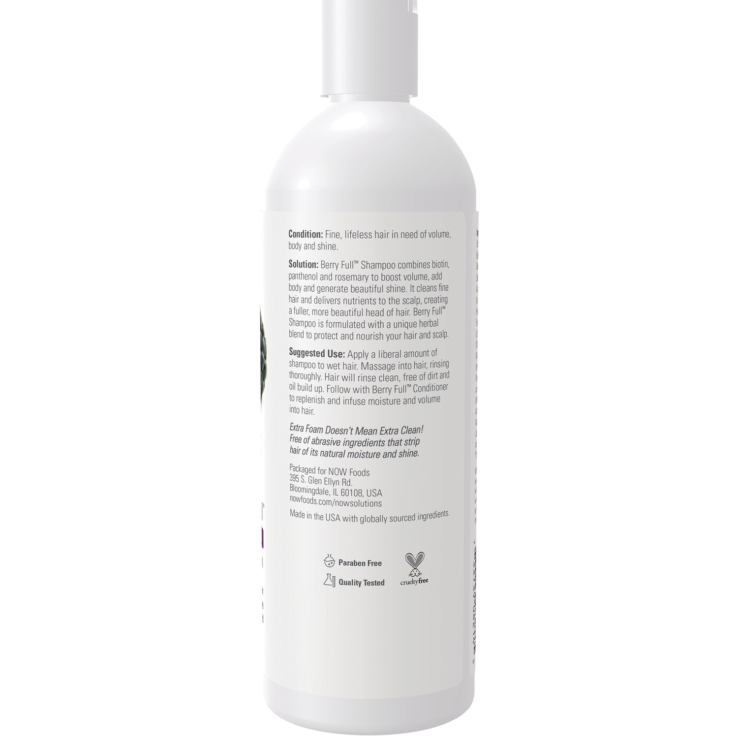 NWF452 | Back label of white shampoo bottle showing usage directions, ingredient text and Paraben Free and cruelty free icons
