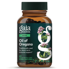 GH016 | Gaia Herbs Oil of Oregano supplement bottle with label reading Oil of Oregano and 60 liquid phyto-caps