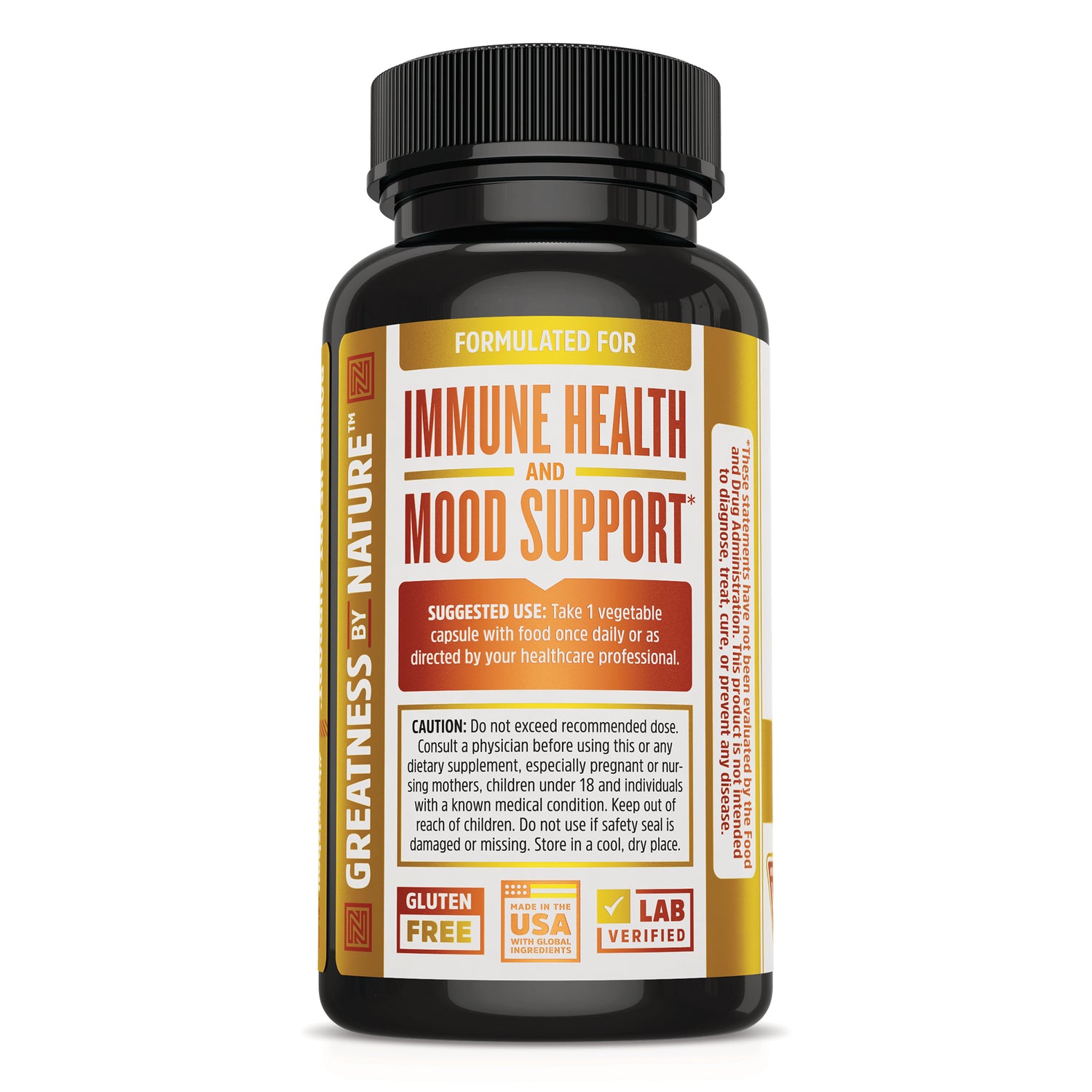 ZOU025 | Supplement bottle back label: Formulated for Immune Health and Mood Support, suggested use and caution