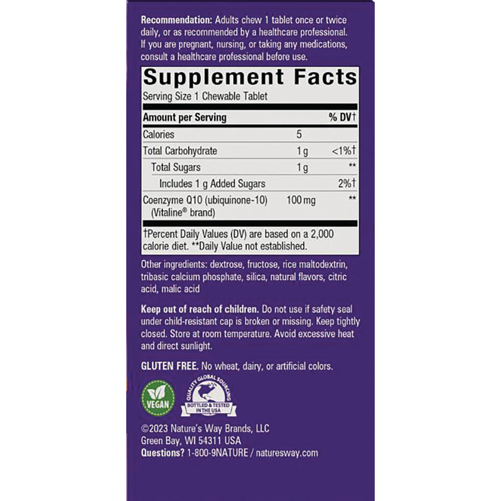 ET385 | Supplement Facts panel showing serving size 1 chewable tablet, Coenzyme Q10 100 mg, ingredients and warnings - Thumbnail