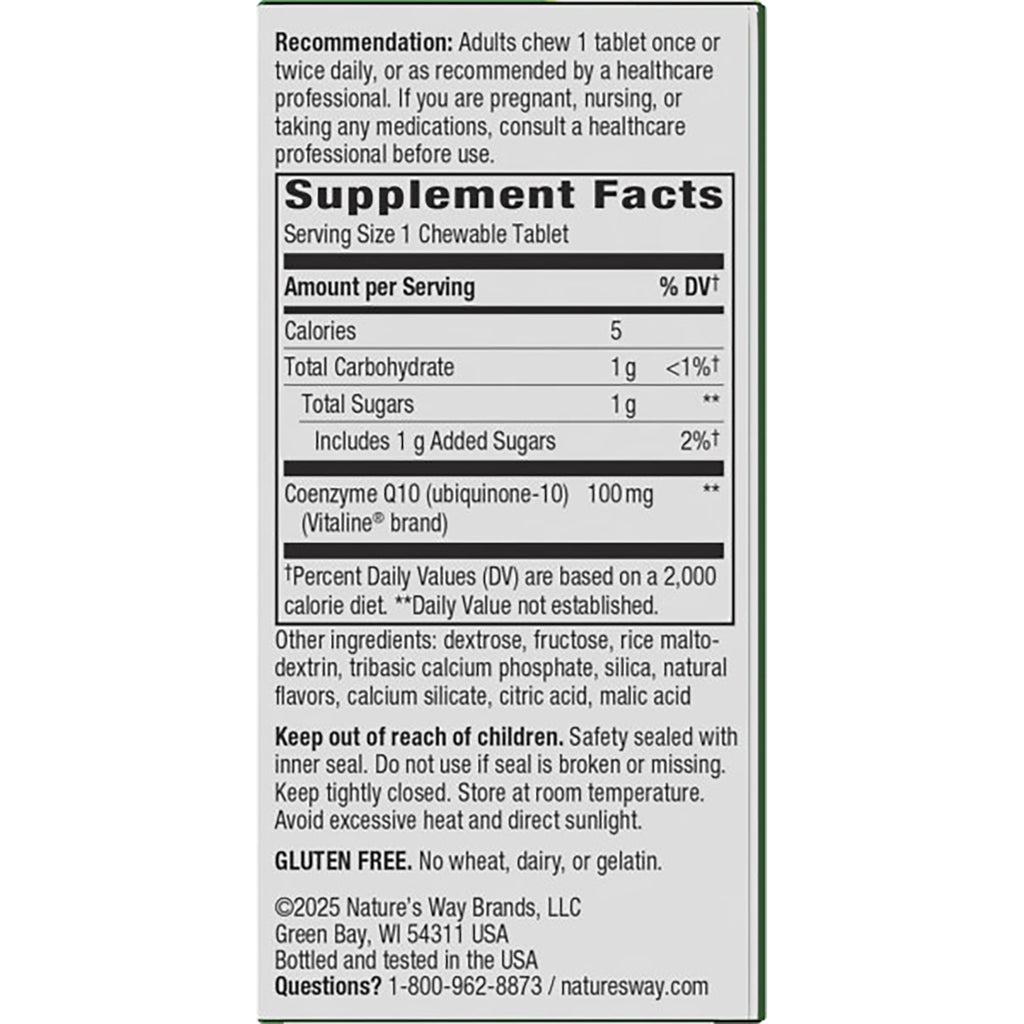 ET385 | Supplement Facts panel showing serving size 1 chewable tablet, Coenzyme Q10 100 mg, ingredients and warnings - Thumbnail