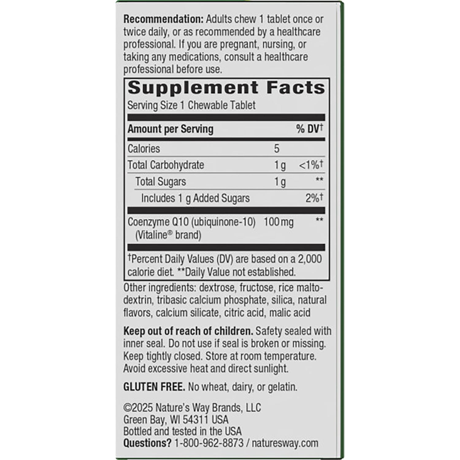 ET385 | Supplement Facts panel showing serving size 1 chewable tablet, Coenzyme Q10 100 mg, ingredients and warnings