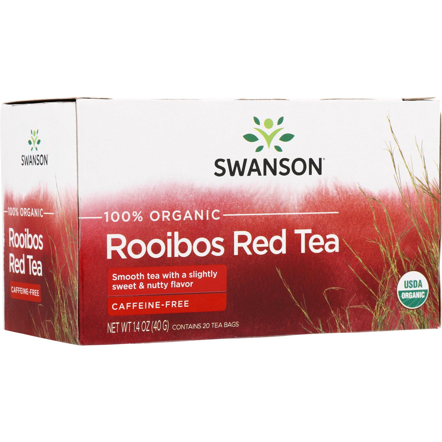 SWF082 | Swanson 100% Organic Rooibos Red Tea box, caffeine-free, smooth sweet & nutty flavor, USDA Organic, 20 tea bags