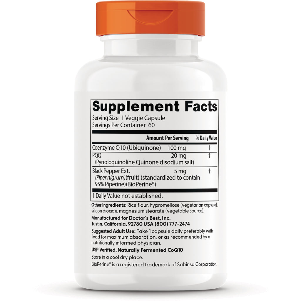DB292 | back label showing Supplement Facts and ingredient panel listing Coenzyme Q10 100 mg, PQQ 20 mg, Black Pepper Ext. 5 mg - Thumbnail