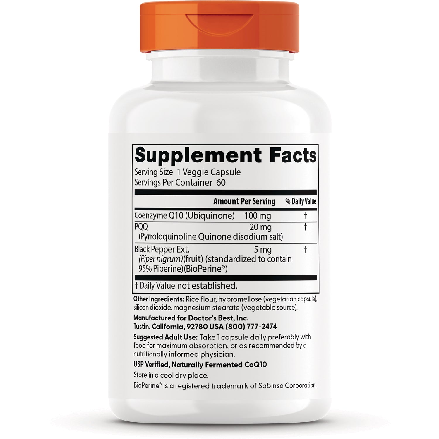 DB292 | back label showing Supplement Facts and ingredient panel listing Coenzyme Q10 100 mg, PQQ 20 mg, Black Pepper Ext. 5 mg