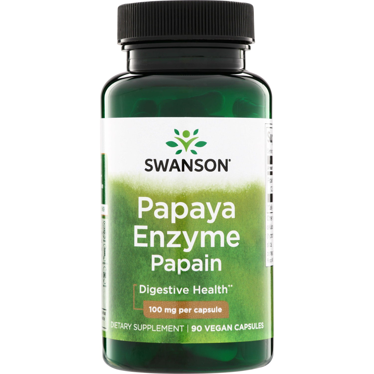 SW1427 | Swanson Papaya Enzyme Papain bottle, Digestive Health, 100 mg per capsule, 90 vegan capsules