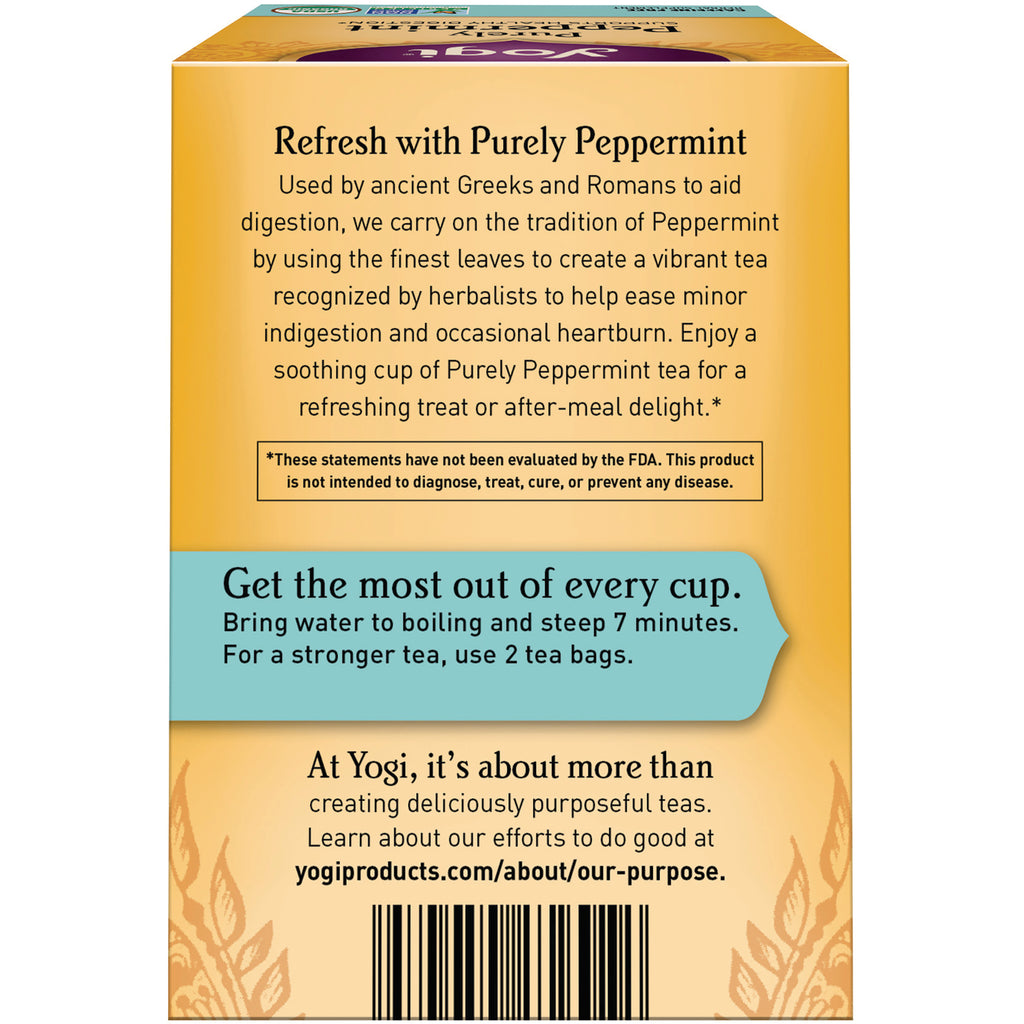 AHW027 | Back of Purely Peppermint tea box showing brewing instructions, FDA disclaimer and barcode - Thumbnail