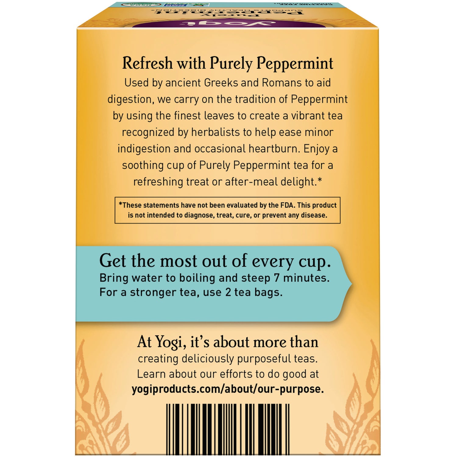 AHW027 | Back of Purely Peppermint tea box showing brewing instructions, FDA disclaimer and barcode