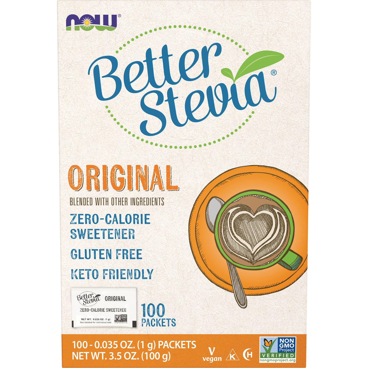 NWF094 | Better Stevia Original zero-calorie sweetener box with cup illustration and 100 packets