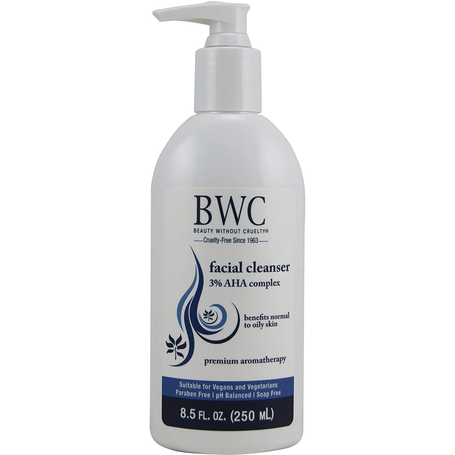 BWC093 | white pump bottle of BWC facial cleanser, 3% AHA complex, 8.5 fl oz (250 mL)