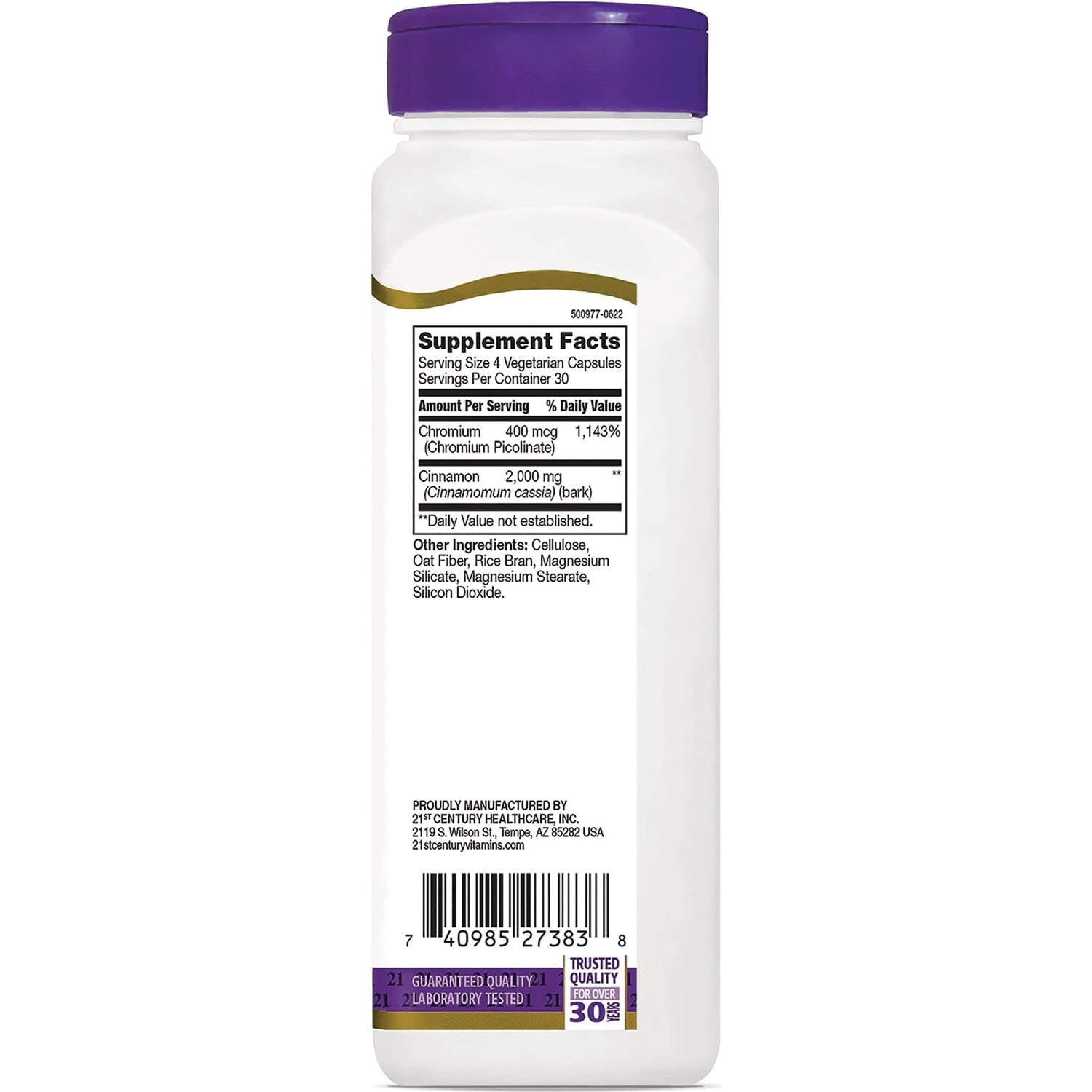 CNT242 | back of white supplement bottle showing Supplement Facts panel, ingredient list and barcode