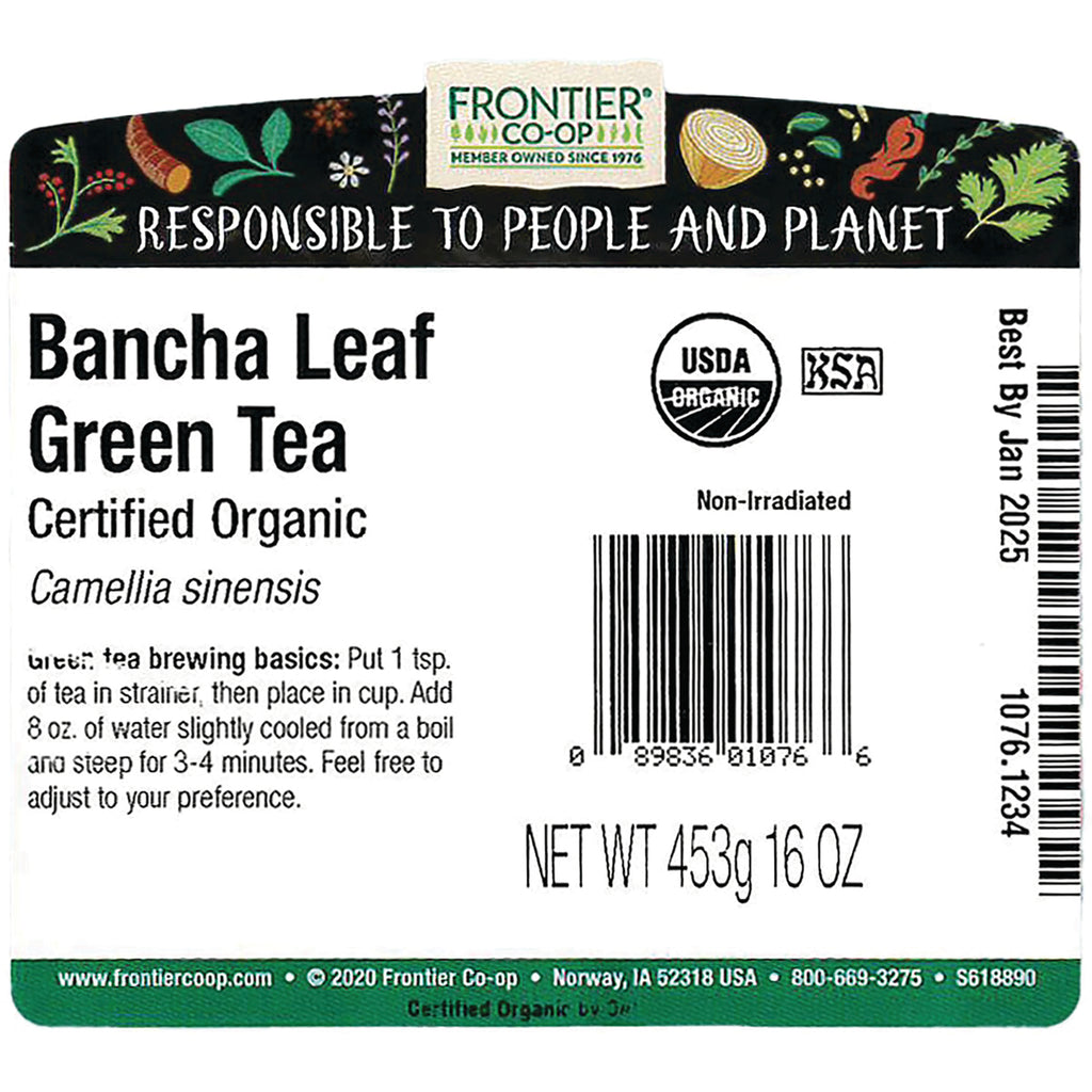 FNP084 | Back label of Bancha Leaf Green Tea showing barcode, brewing instructions, net wt 453g 16 OZ and USDA organic logo - Thumbnail
